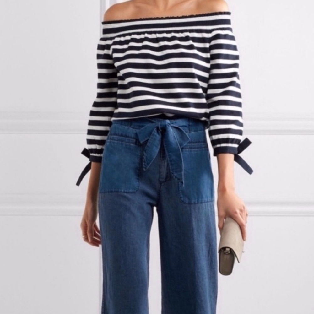 J CREW Off the Shoulder Nautical Striped Shirt Navy Blue and Off White Size Med